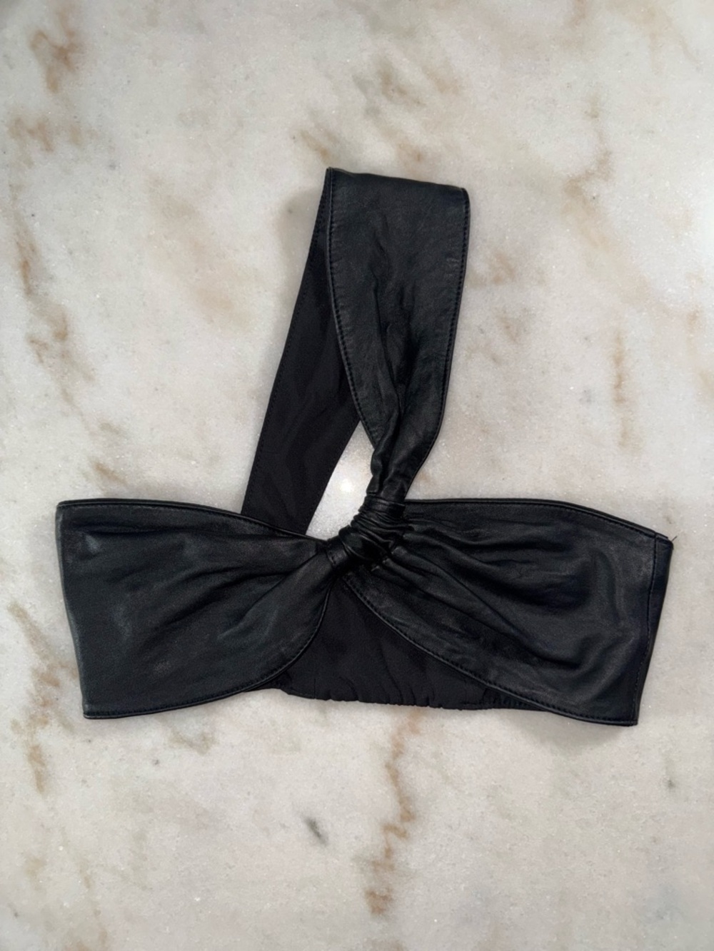 ZARA Black Leather One Shoulder Knot Crop Top Lambskin Stretch Band Small EUC